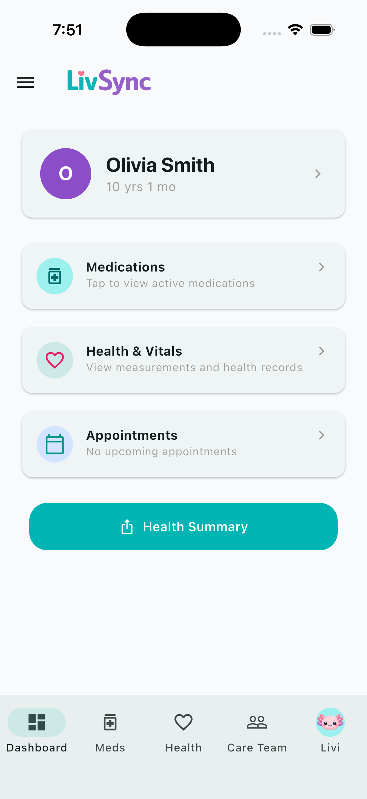 LivSync dashboard showing health overview