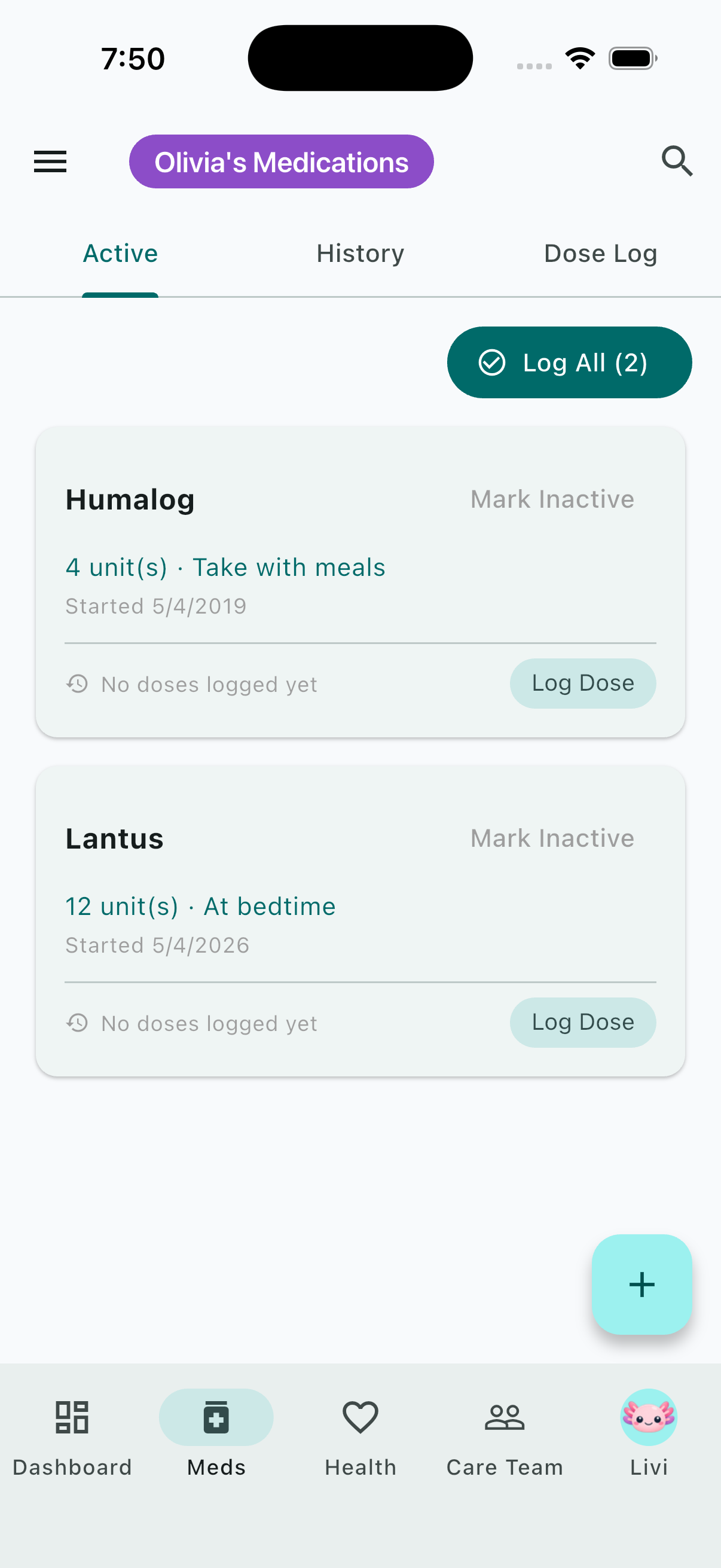 LivSync medication tracking screen